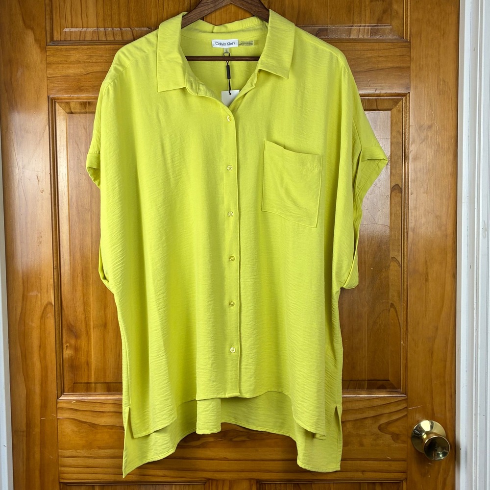 Calvin Klein Women 3X Charteuse Textured Short Sleeve Sustainable Shirt